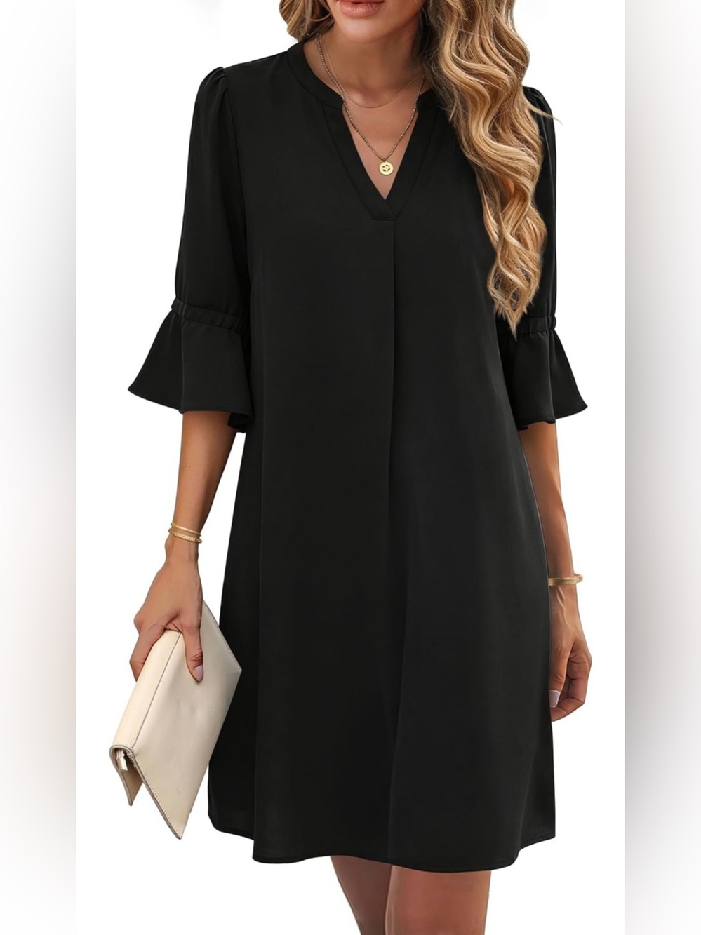 RUMIA Shift Dress for Women V Neck Ruffle Sleeve Summer Dress Black Size Large